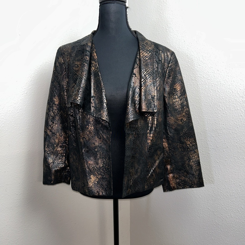 Kim Rogers Open Front Blazer Women's 8 Foil Gold & Black Animal Print 3/4 Sleeve